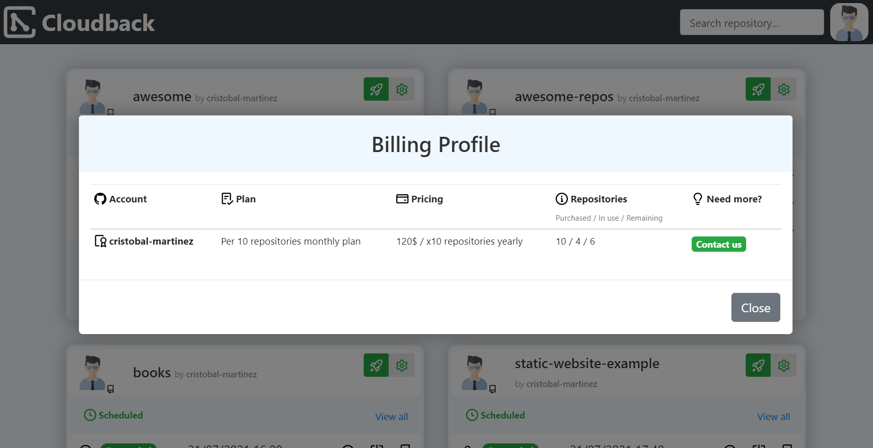 Cloudback user's billing profile