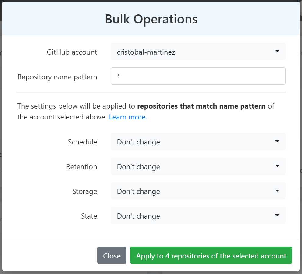 apply settings to many GitHub repository backup settings with a single click