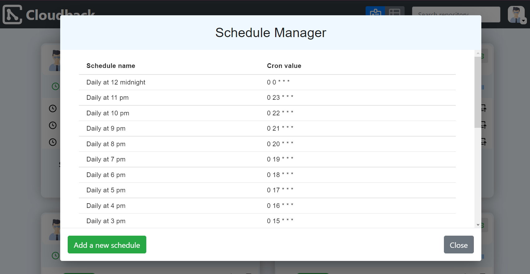 using Cloudback schedule manager to set up GitHub repository backup schedule