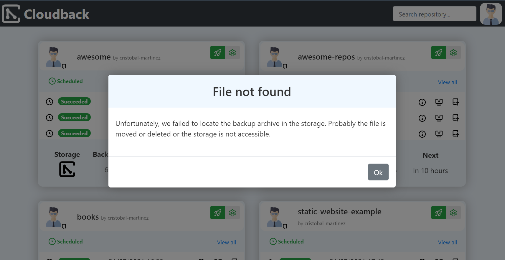 GitHub repository backup file not found