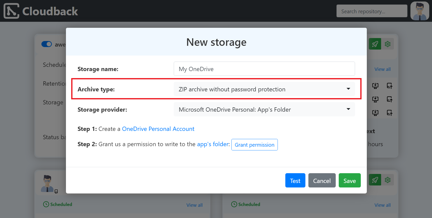 Select archive type of the new Cloudback storage