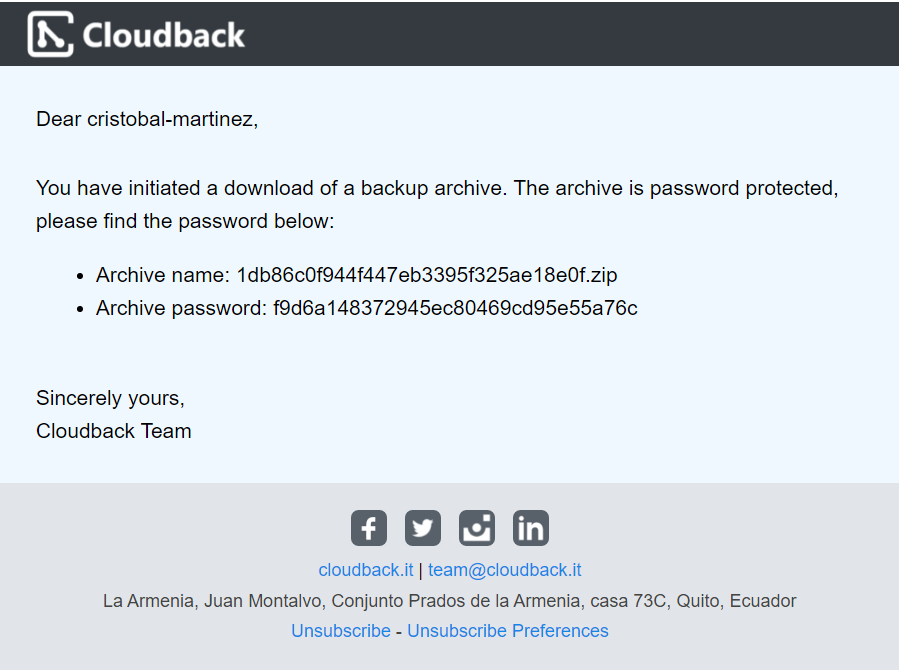 password email for a password-protected GitHub repository backup