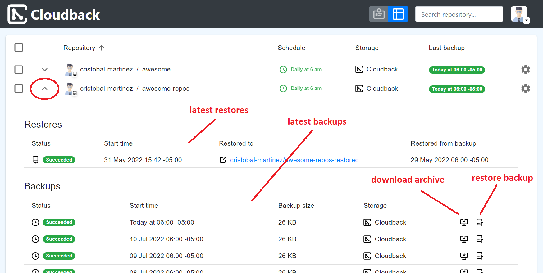 backups and restores of the GitHub repository backup on the table view