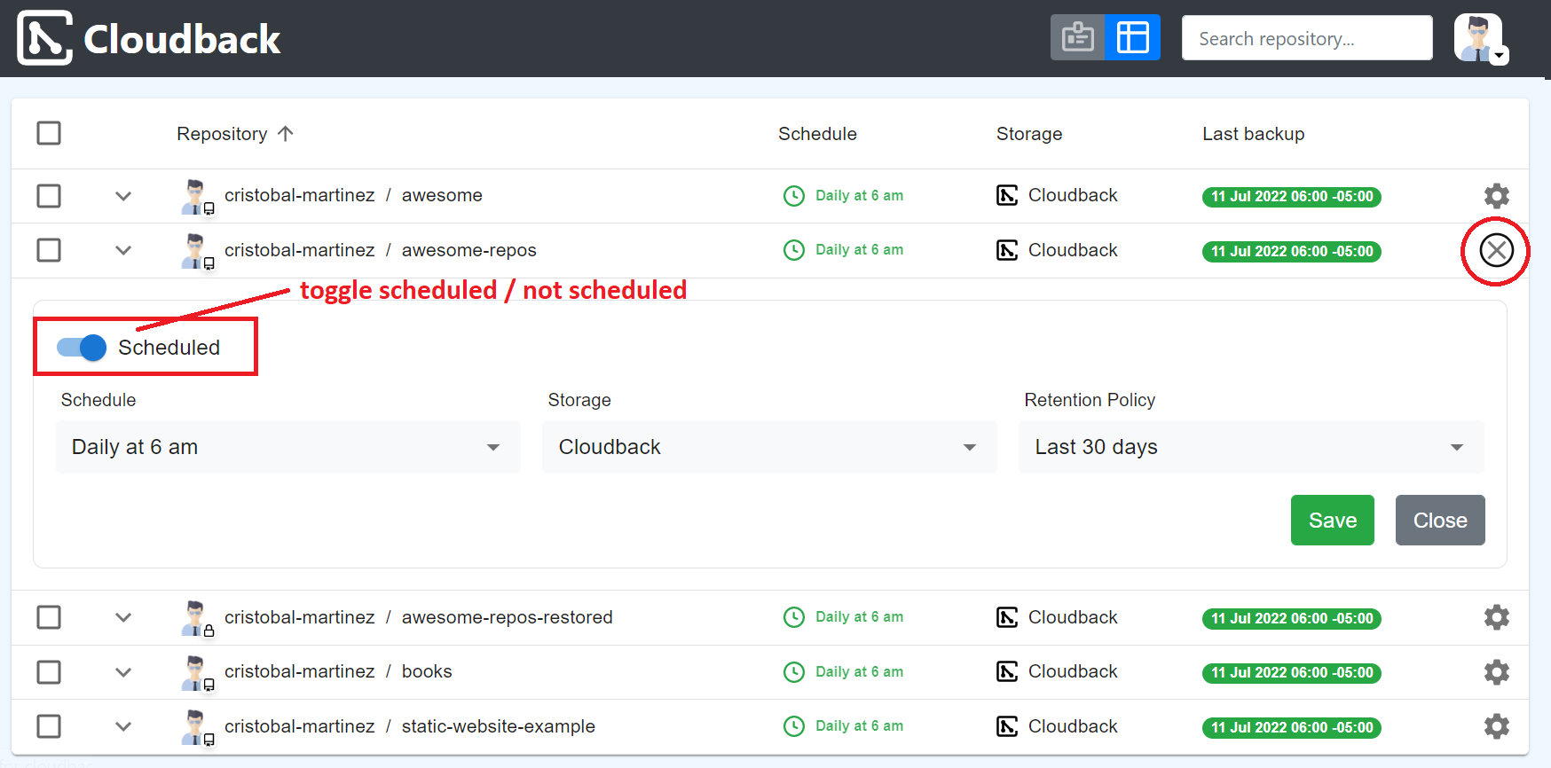 GitHub repository backup settings on the table view